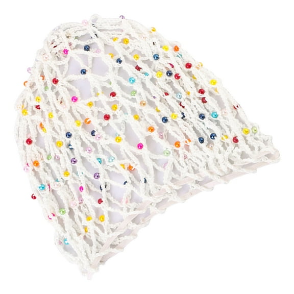 URTERYSER Mesh Hair Net Polyester Knit Snoods Crocheted Hair Accesory with Faux Pearls Decors Fashionable Head Covers for Women White