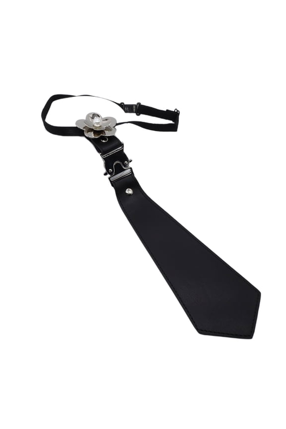 Women Faux Leather Black Necktie Uniform Pearl Flower Cosplay Bow Tie Black