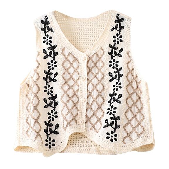 URTERYSER Women Vintage Hollow-Out Crochet Knit Sleeveless Vest Waistcoat Button Up Floral Loose Crop Cardigan Top Apricot Black