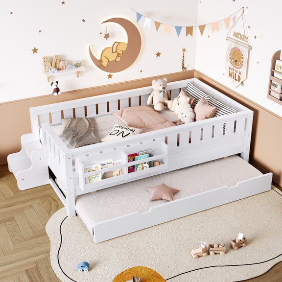 URTR Bed Frame with Built-in Bookshelf & Storage Staircase, Solid Pine Wood Daybed with Pull-Out Trundle & Safety Rails, No Box Spring Needed, Twin, White