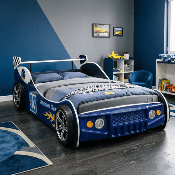 URTR Blue Twin Size Racing Car Bed Frame with LED Headlights, Novelty Sports Car Floor Bed with High Guardrails, P2 MDF Novelty Bed, No Box Spring Needed, Easy Assembly