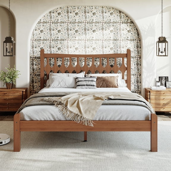 URTR Brown Bamboo Platform Bed with Geometric Diamond Headboard, Solid Wood Slat Support Frame, No Box Spring Needed, Modern Boho Style Queen Size Bedroom Furniture