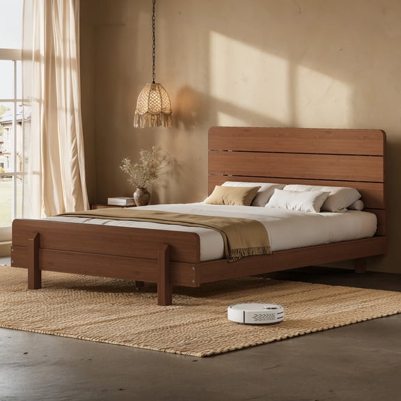 URTR Brown Full Size Bamboo Platform Bed Frame with Headboard, Eco-Friendly Solid Bamboo Bed with Upgraded Support Slats, No Box Spring Needed, Noise-Free Sturdy Wooden Bed Frame for Modern Bedroom
