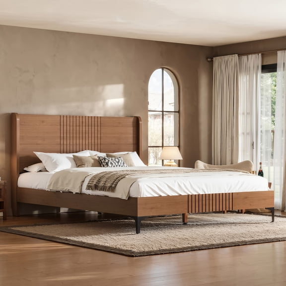 URTR Queen Size Platform Bed with Bamboo Construction, Mid-Century Modern Style Headboard, Sturdy Frame with Round Corner Design, No Box Spring Needed, Brown