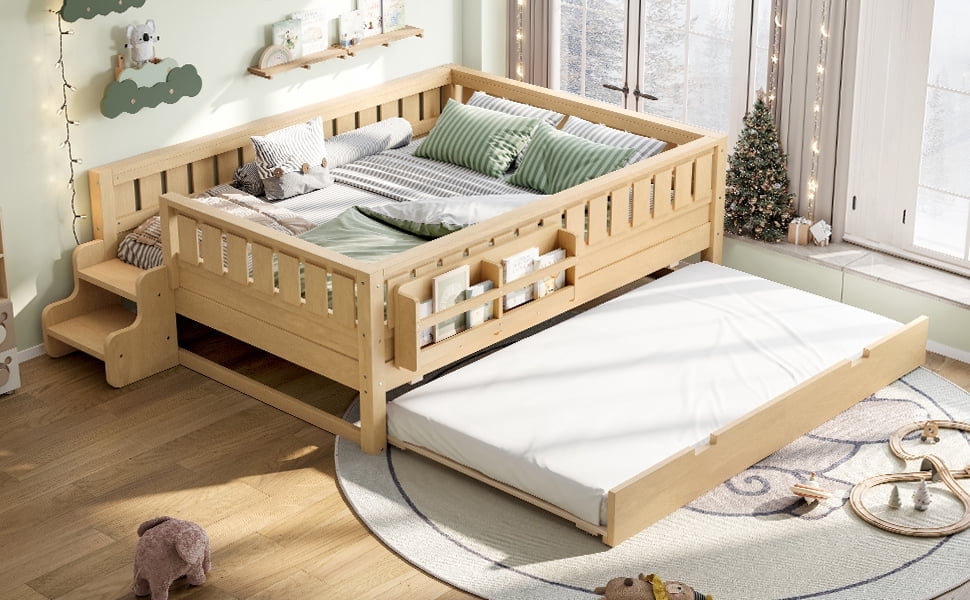 URTR Full Bed with Rail and Bookshelf, Full Size Wooden Montessori Floor Bed with Small Stairs and Trundle, Full Size Platform Bed Frame, No Box Spring Needed, Natural