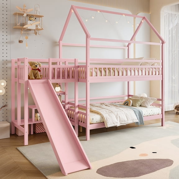 URTR Full Over Full House-shaped Bunk bed with Slide, Storage Stairs and Guardrail, Wooden Full Size Playhouse Bunk Bedframe for Bedroom, Two Placement Methods, Noise-free Design, Pink