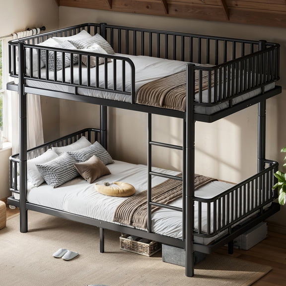URTR Full over Full Metal Bunk Bed with Ladders & Guardrails, Convertible to 2 Full Platform Beds, Upgraded Round-Pipe Frame for Teens & Adults, No Box Spring Needed, Black