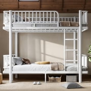 URTR Full over Full Metal Bunk Bed, Space-Saving Bunk Bed with Ladders and Guardrails, Convertible to 2 Platform Beds, No Box Spring Needed, White