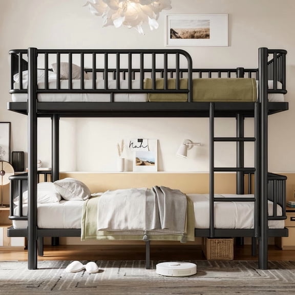 URTR Full over Full Metal Bunk Bed, Space-Saving Bunk Bed with Ladders & Guardrails, Convertible to 2 Platform Beds, Upgraded Round-Pipe Frame, No Box Spring Needed, Black