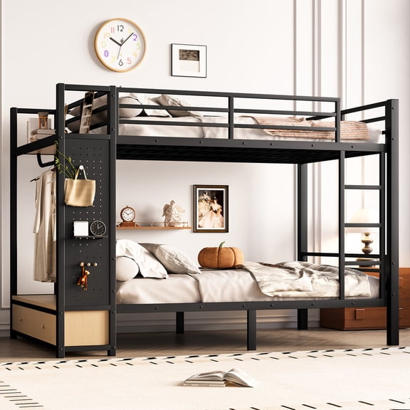 URTR Full over Full Size Metal Bunk Bed with Multifunctional Storage Shelves, Drawers and Pegboard for Teens, Coat Rack, Headboard Shelf, Space-Saving Modern, Design for Dorm or Apartment, Black