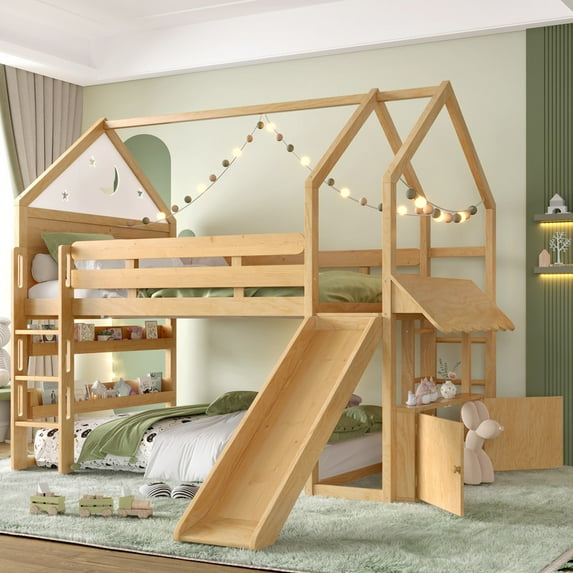 URTR Full Loft Bed with Slide & Bookshelf, Solid Wood Loft Beds Frame with House Structure & Safety Rails, Fun Elevated Design for Game Room, Natural
