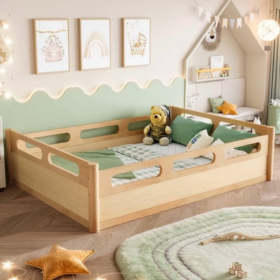 URTR Full Size Floor Bed with High-Quality Safety Full-length Guardrails, Low Profile Wooden Montessori Platform Bed Frame, Heavy Duty Safety Bed, No Box Spring Needed, Natural