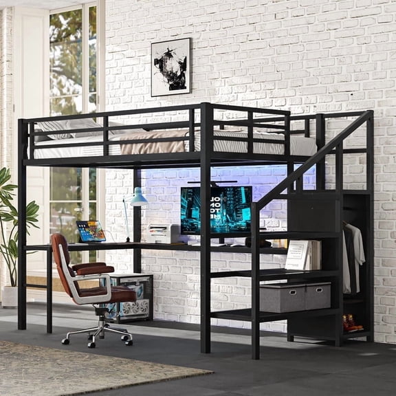 URTR Full Size Heavy Duty Metal Loft Bed with L-Shaped Desk, Storage Stairs, Wardrobe, LED Lights, USB Ports and Adjustable Shelf for Teens and Adults, Black