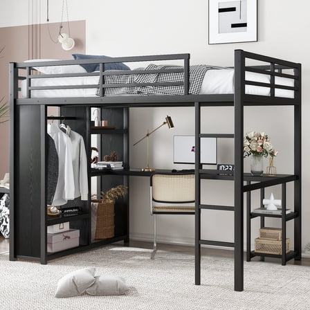 URTR Full Size Loft Bed Frame with Built-in Wardrobe， Metal Loft Bed with Desk and Storage Shelves, Black