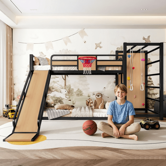 URTR Full Size Metal Bunk Bed with Slide, Basketball Hoop, Climbing Wall & Shelves, Multi-Functional Play Bunk Bed for Teen, Yellow
