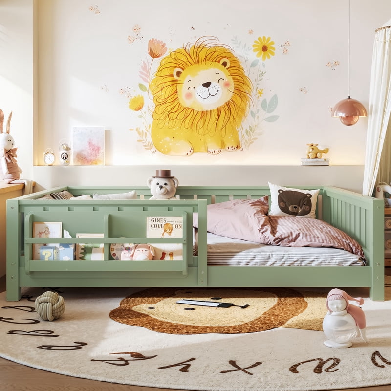 URTR Full Size Montessori Floor Bed with Storage Bookshelf and High-Quality Safety Guardrail, Wooden Full Floor Bed Frame, Wooden Platform Bed, Low Profile Full Bed with Fence and Headboard, Green