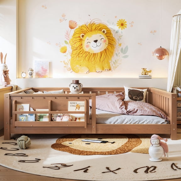 URTR Full Size Montessori Floor Bed with Storage Bookshelf and High-Quality Safety Guardrail, Wooden Full Floor Bed Frame, Wooden Platform Bed, Low Profile Full Bed with Fence and Headboard, Natural