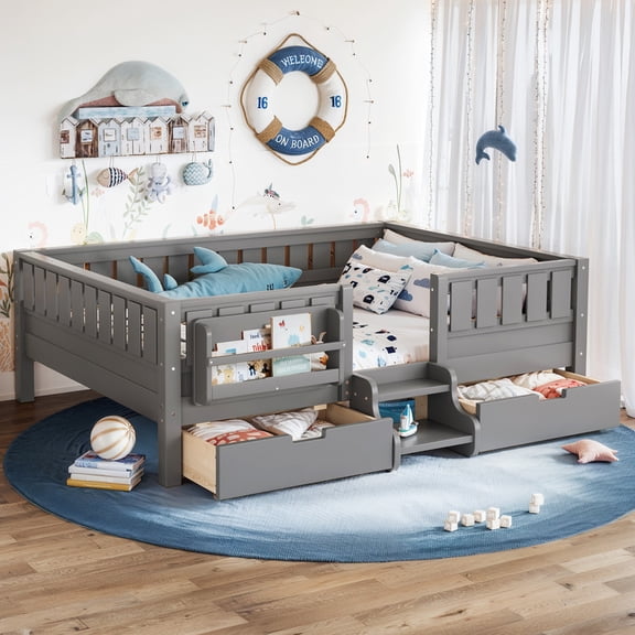 URTR Full Size Multi Functional Low Floor Bed with Bookshelf and Storage Drawers, Safe Rounded Staircase, Solid Pine Wood, Easy Assembly, Gray