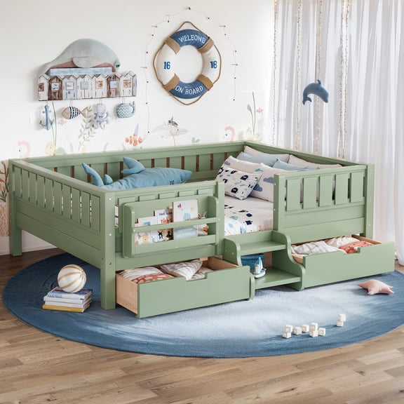 URTR Full Size Multi Functional Low Floor Bed with Bookshelf and Storage Drawers, Safe Rounded Staircase, Solid Pine Wood, Easy Assembly, Green