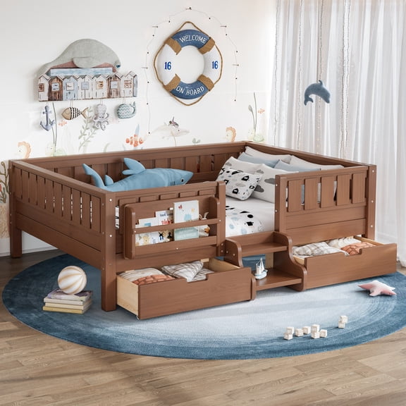 URTR Full Size Multi Functional Low Floor Bed with Bookshelf and Storage Drawers, Safe Rounded Staircase, Solid Pine Wood, Easy Assembly, Natural