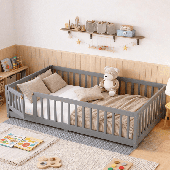 URTR Full Size Montessori Floor Bed with Safety Rails & Door, Solid Wood Floor Bed Frame Full with Removable Slats, Low Profile Montessori Bed for Bedroom, Gray