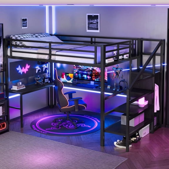 URTR Full XL Size Loft Bed with L-shaped Desk & Storage Stairs, Mental Loft Bed Frame with LED Lights & USB Wardrobe, No Spring Box Needed and Noise-free, Black