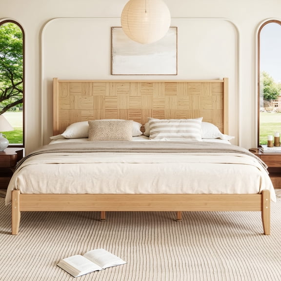 URTR King Bamboo Bed Frame with Headboard, No Box Spring, Natural Finish & Minimalist Design, Natural