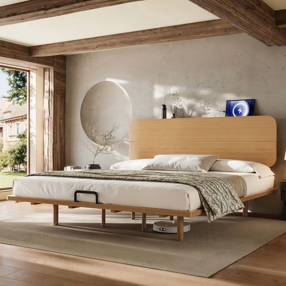 URTR King Size Floating Platform Bed with Headboard and USB Ports, Solid Bamboo Floating Bed Frame with Support Slats, Easy to Assemble, Natural