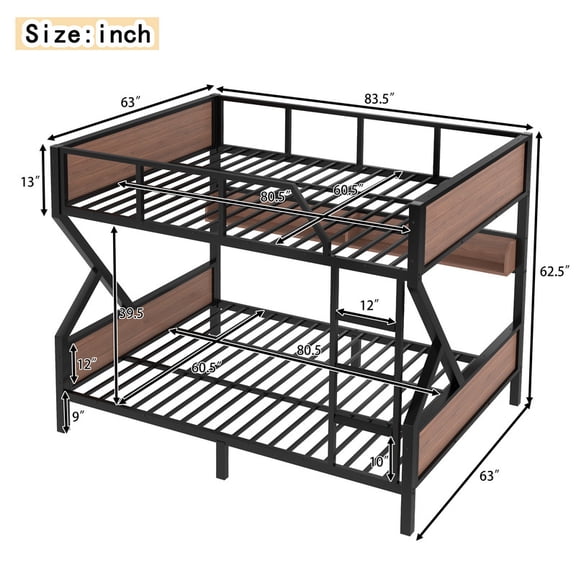 URTR Metal Bunk Bed with Storage Shelves & LED Lights, Heavy-Duty Steel Frame with Angled Ladder & Guardrails, Black, Queen over Queen