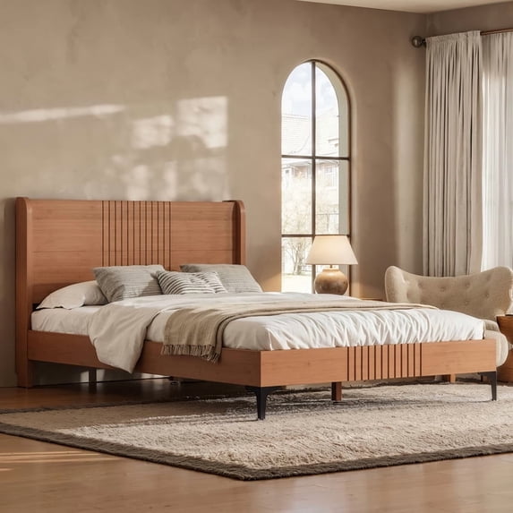 URTR Natural Full Size Bamboo Platform Bed Frame with Headboard, Mid-Century Modern Solid Wood Bed with Rounded Corners for Safety, Heavy-Duty Slats No Box Spring Needed, Eco-Friendly