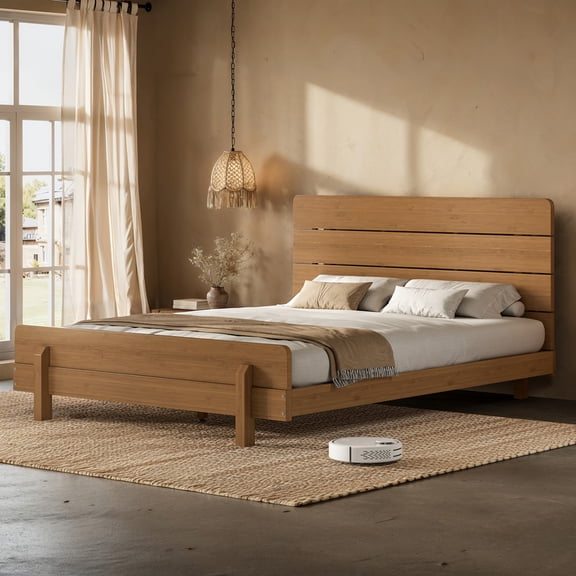 URTR Natural Queen Size Bamboo Platform Bed Frame with Headboard, Eco-Friendly Solid Bamboo Bed with Upgraded Support Slats, No Box Spring Needed, Noise-Free Sturdy Wooden Bed Frame