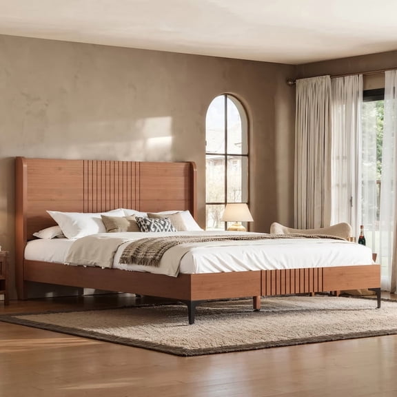 URTR Queen Size Platform Bed with Bamboo Construction, Mid-Century Modern Style Headboard, Sturdy Frame with Round Corner Design, No Box Spring Needed, Natural