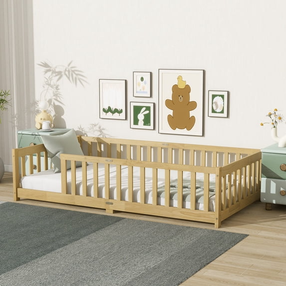 URTR Natural Solid Rubber Wood Twin Floor Bed with Safety Guardrails, Low Profile Bed Frame for Transition, Easy Assembly