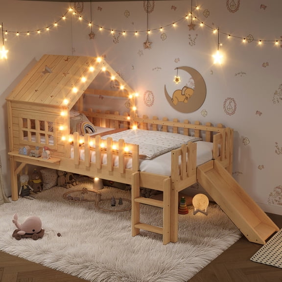 URTR Natural Twin House Loft Bed with Slide and LED Lights, Solid Pine Wood Playhouse Frame with Star Cutouts & Window, No Box Spring Needed