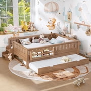 URTR Queen Bed with Rail and Bookshelf, Queen Size Wooden Montessori Floor Bed with Small Stairs and Trundle, Queen Size Platform Bed Frame, No Box Spring Needed, Natural