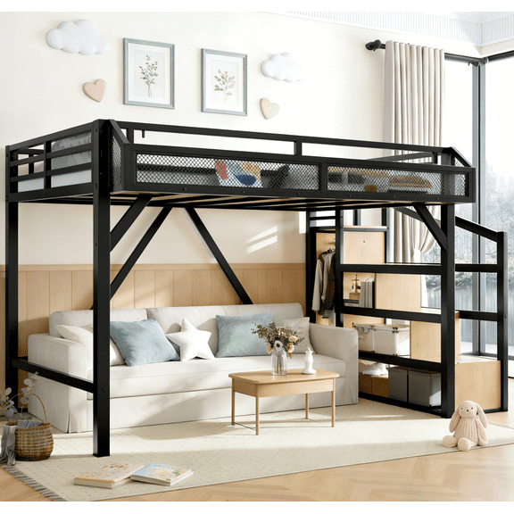 URTR Queen Loft Bed with Storage Stairs, Shelves & Built-in Wardrobe, Metal Loft Bed Frame with USB Ports and LED Lights, Noise-reduced Design, Natural