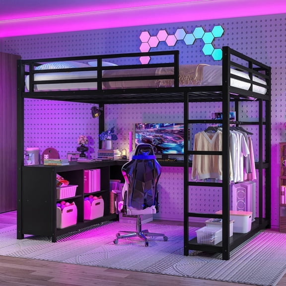 URTR Queen Loft Bed with Wardrobe & L-Shaped Desk, Metal Loft Bed Frame with Storage Cubes & Shelves, Space Saving Elevated Design for Small Spaces & Studio, Black