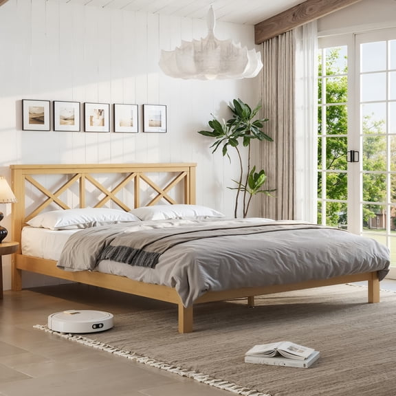 URTR Queen Platform Bed with ''X'' Design Headboard, Bamboo-made Bed Frame Queen Size with Suppport Slats, Mid-century Style, No Box Spring, Brown