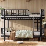 URTR Queen over Queen Metal Bunk Bed, Space-Saving Bunk Bed with Ladders & Guardrails, Convertible to 2 Platform Beds, Upgraded Round-Pipe Frame for Teens & Adults, No Box Spring Needed, Black