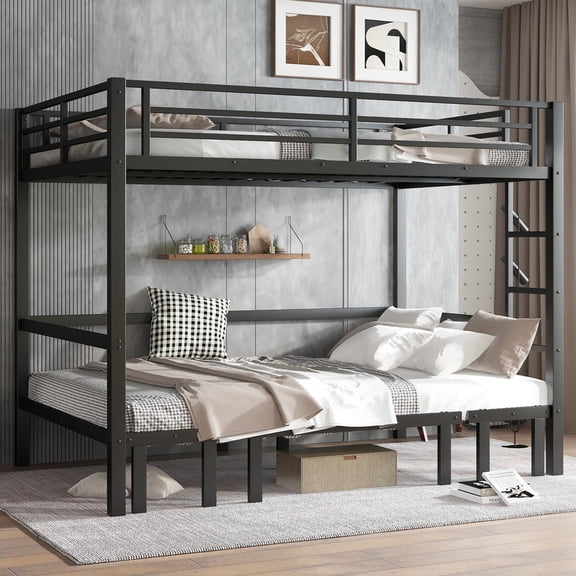URTR Queen Over Queen Metal Bunk Bed, Three Section Pull-Out lower bunk, Full Length Safety Rails, Heavy Duty Frame, Space Saving Design for Teens and Adults, Black