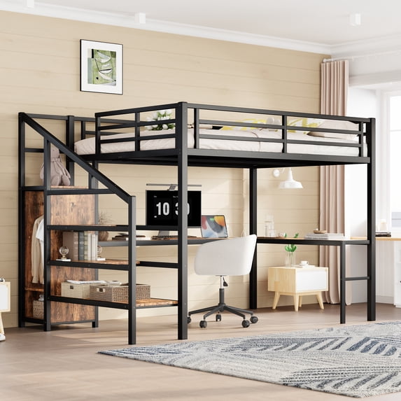 URTR Queen Size Metal Loft Bed with L-shaped Desk and USB, Heavy Duty Loft Bed with Wardrobe, Adjustable Shelf and Stairs, High Queen Loft Bed with LED and Guardrails for Bedroom, Wood