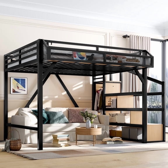 URTR Queen Size Metal Loft Bed with Storage Stairs and Built in Wardrobe, Heavy Duty Frame, USB Ports, LED Lights, Noise-Reduced, Wide Steps, Space Saving for Adults and Teens, Natural Wood