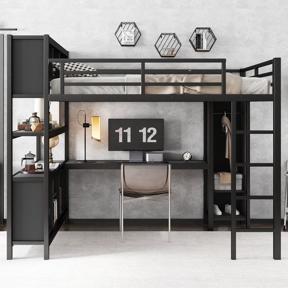 URTR Queen Size Metal Loft Bed with L-shaped Desk and Stairs, Loft Bed Frame with Wardrobe, Storage Cubes and Shelves, Space Saving Loft Bed