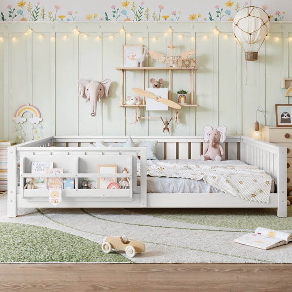 URTR Queen Size Montessori Floor Bed with Storage Bookshelf and High-Quality Safety Guardrail, Wooden Queen Floor Bed Frame, Wooden Platform Bed, Low Profile Queen Bed with Fence and Headboard, White