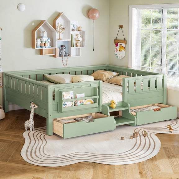 URTR Queen Size Multi Functional Low Floor Bed with Bookshelf and Storage Drawers, Safe Rounded Staircase, Solid Pine Wood, Easy Assembly, Green