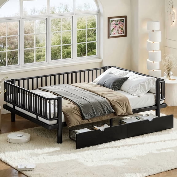 URTR Queen Size Platform Bed with Storage Drawers, Low Profile Metal Daybed Frame, Upgraded Safety Round-Pipe Design, Space-Saving, No Box Spring Needed, Black