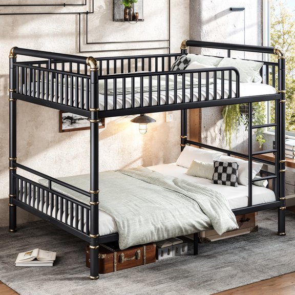 URTR Queen over Queen Bunk Bed with Ladders & Guardrails, Upgraded Round-Pipe Metal Frame, Industrial Modern Design for Teens, Adults, Black