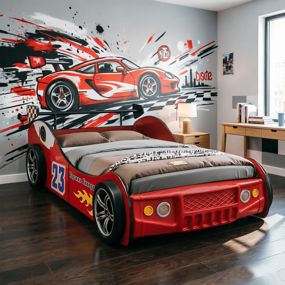 URTR Red Twin Size Racing Car Bed Frame with LED Headlights, Novelty Sports Car Floor Bed with High Guardrails, P2 MDF Novelty Bed, No Box Spring Needed, Easy Assembly
