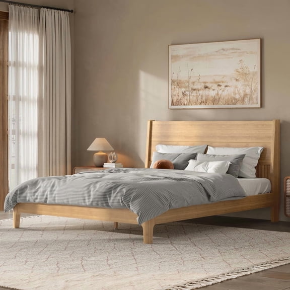 URTR Solid Bamboo Platform Bed with Tall Headboard & Support Slats, Modern Minimalist Wood Bed Frame for Bedroom & Guest Room, No Box Spring Needed, Natural, Queen