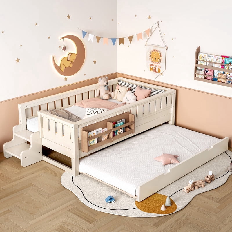 URTR Twin Bed with Rail and Bookshelf, Twin Size Wooden Montessori Floor Bed with Small Stairs and Trundle, Twin Size Platform Bed Frame, No Box Spring Needed, Beige